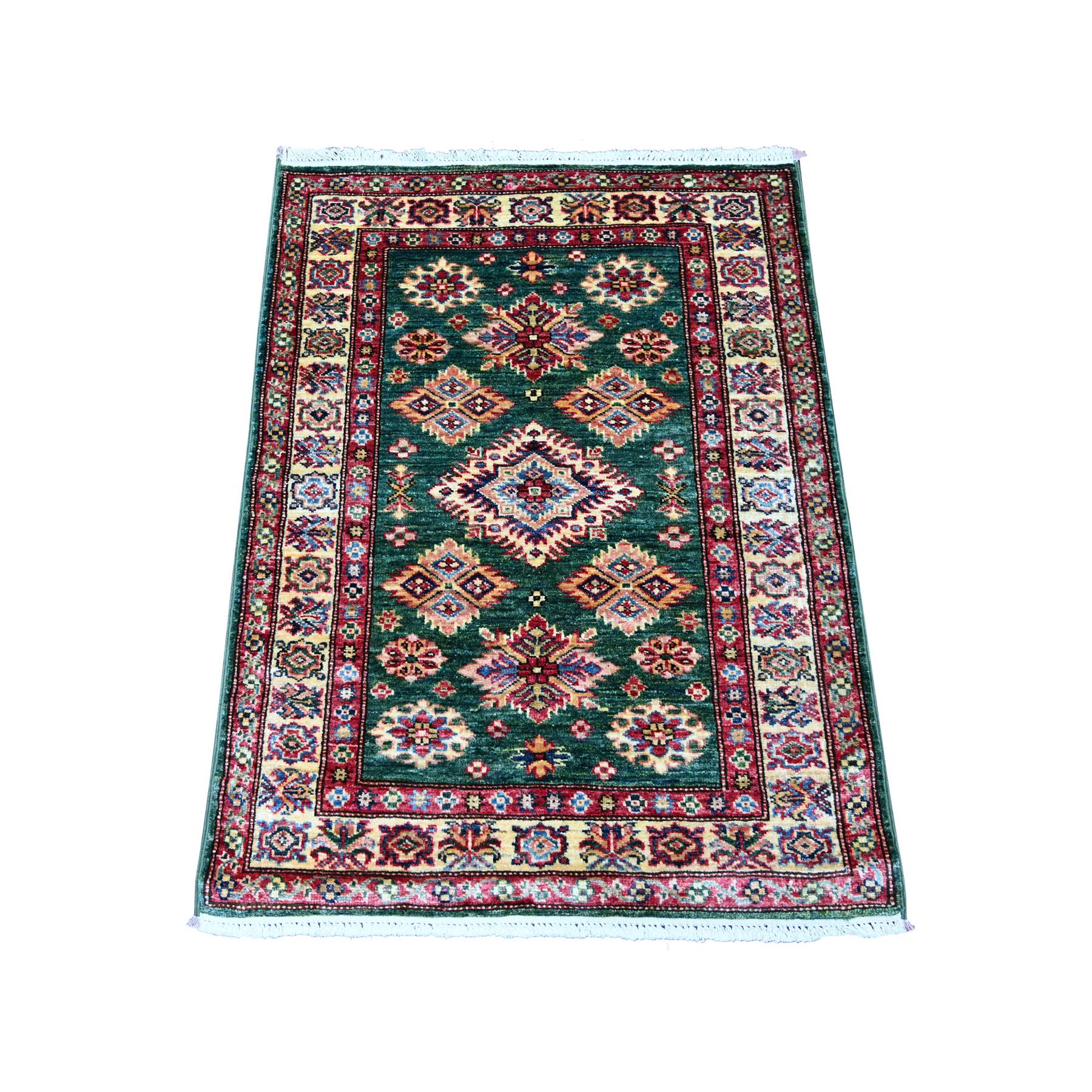 Cadmium Green, Afghan Super Kazak with Geometric Medallion Design, Hand Knotted, Soft and Shiny Wool, Vegetable Dyes, Mat, Sample, Oriental Rug